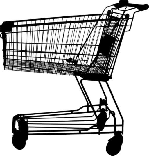 Black line drawing of a shopping cart facing left on a white background
