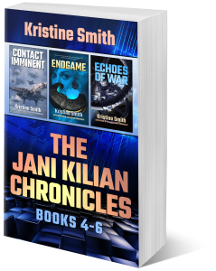 An omnibus cover of three Jani Kilian books: Contact Imminent, Endgame, and Echoes of War.