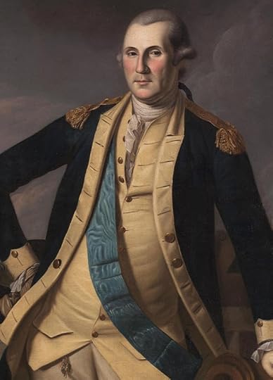 Detail of fine art portrait of George Washington in full military dress, in a confident pose his right hand on his hip.