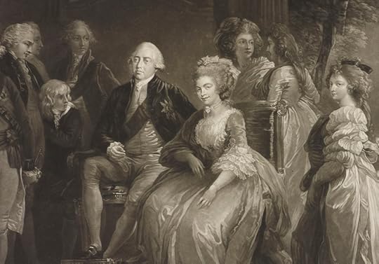 Mezzotint image of King George III and Queen Charlotte, seated and formally dressed, with several of their children standing informally around them.