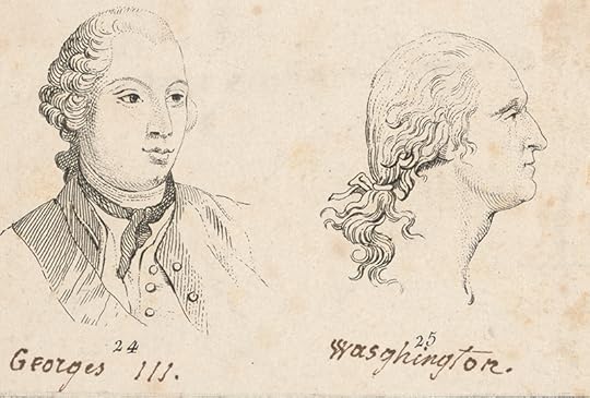 Head and shoulders sketches of King George III and George Washingtoin.