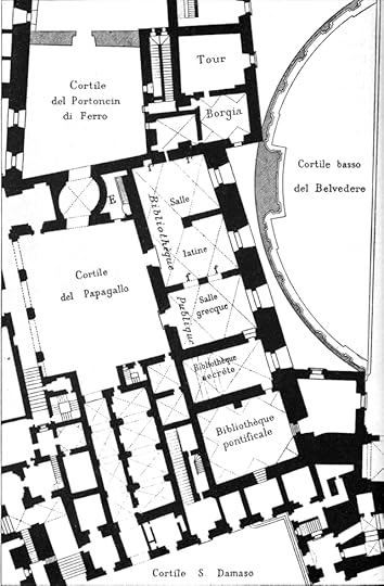 Floorplan diagram of part of the Vatican palace, showing the many, many rooms and hallways slanting in odd angles that were added on century by century as new occupants expanded and modified the palace to suit their ever cycling needs.