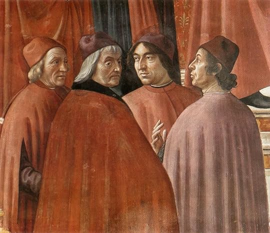 Detail from a Ghirlandaio fresco showing four of the famous scholars from the circle around Lorenzo in Florence wearing the typical Florentine garments of long red cloaks down past the knee (various shades of red) open down the front and at the sides, over sleeved under-robes. They also wear the acorn-shaped red felt caps common at the period, especially for a scholar (slightly less costly than Lorenzo's chaperon.)