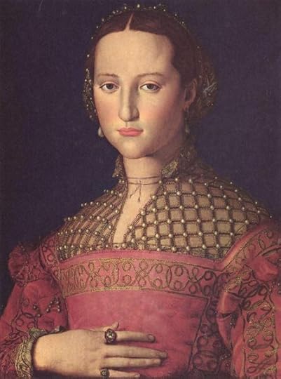 Giulia Farnese, wearing what young Clarice Orsini would've worn in Rome, a costly rose-colored gown embroidered with tons of gold and pearls. Her hair is in a pearl-studded snood.