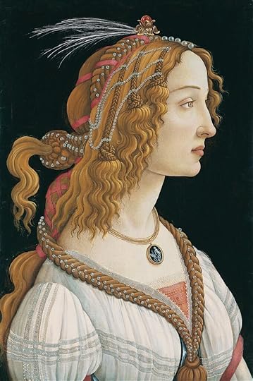 Botticelli portrait made for the Medici family, showing a woman in an elaborate hairstyle with her hair woven through with ribbons and strands of pearls.