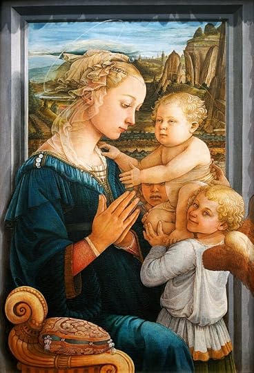 Iconic Filippo Lippi painting of the Madonna, with her hair covered with a light veil and strands of pearls. This is one of the earliest paintings we look at and think