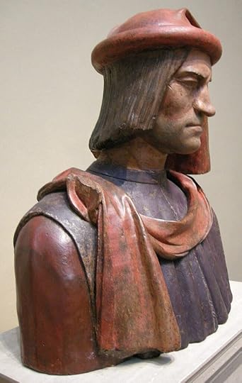 Her husband Lorenzo dressed as merchant scum, in a red chaperon hat and black lucco over a red tunic.