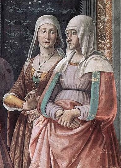 Similar fresco in which Clarice, on the right, is dressed much the same, in pink over pale lavender with her hair covered with a plain white veil.