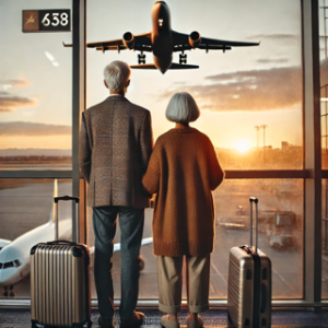 Chat GPT, older couple at airport, delayed flight, canceled flight