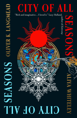 The cover of City of All Seasons showing a sun and a moon intertwined over a stained glass window on a black background.