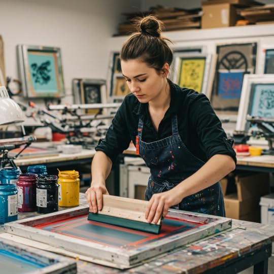 A young woman working on a silkscreen print.