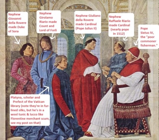 Fresco of Pope Sixtus with four of his wealthy and powerful nephews gathered behind him. Before him kneels one man in the recognizably top of the middle-class costly but commoner robes that Lorenzo de Medici and his Florentine scholar friends wear - this man is Platyna, director of the Vatican Library.