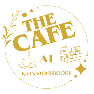 Logo for The Cafe at KatSimonsBooks, circular gold line with leaves, The Cafe at KatSimonsBooks writting inside in gold, with golden outline drawn cup of coffee and stack of books.