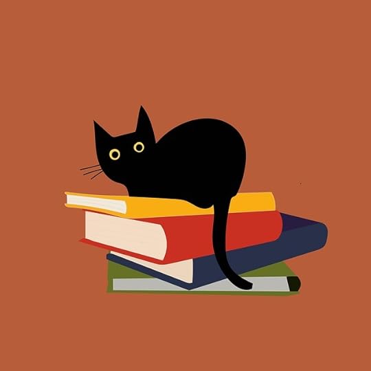 Cartoon of a black cat on a stack of green, blue, red, and yellow books