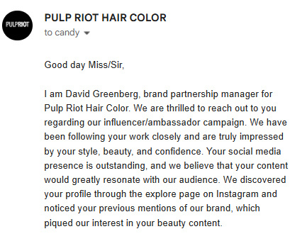Pulp Riot Hair Influencer Ambassador scam e-mail