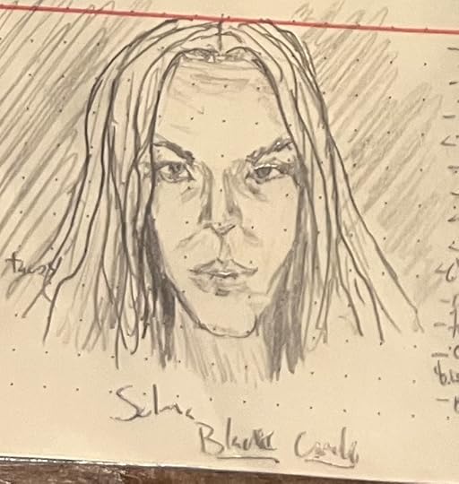 a pencil sketch of a furious, yet determined, psychic (Selma from the film BLACK CIRCLE)