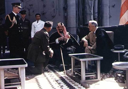 Franklin Roosevelt and King Abdul-Aziz (Ibn Saud) of Saudi Arabia aboard USS Quincy, Great Bitter Lake, Egypt, 14 Feb 1945 (US National Archives: USA C-545)