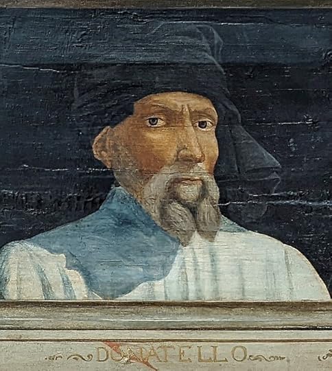 Portrait painting of Donatello from a set of paintings of famous European master artists in the Louvre. No actual period portraits of Donatello survive, but generations since have settled on a long beard and asymmetrical soft chaperon hat, typical of the period. Donatello was Florentine and, for those who read my earlier thread on the politics of Florentine fashion, yes the artist has him faithfully dressed like Merchant scum, as is a Florentine's civic duty.
