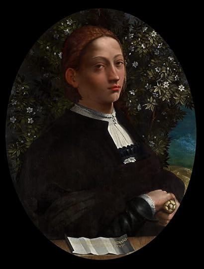 Portrait of what looks like a Renaissance young man. The figure has auburn hair pulled back in a masculine-for-the-time style, and wears a black puff-sleeved doublet over a white men's shirt. The figures hands rest on the gilded hilt of a sword, and a letter, presumably diplomatic correspondence, lies on the table. The background shows a garden of flowering trees. This is one of our best authenticated portraits of Lucrezia, and the one she herself might have chosen to go on book covers, but it isn't what publishers pick! They like the sexy blonde one.