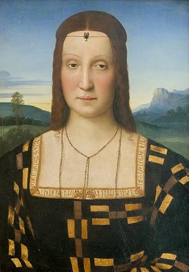 Raphael's portrait of Elizabetta Gonzaga. She wears a costly gown in striking asymmetric patterns of black and gold (her husband's family colors), and wears a long fine gold chain and a headband with a scorpion-shaped jewel, one of her personal insignia. One fun thing about the two Raphael portraits of this couple is that, side-by-side, Elizabetta's face looks more masculine than Guidobaldo's.