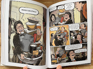Sample spread from Lunar New Year Love Story by Gene Luen Yang and Leuyen Pham, in which Val's Gran unexpectedly arrives on Christmas Day with lots of food