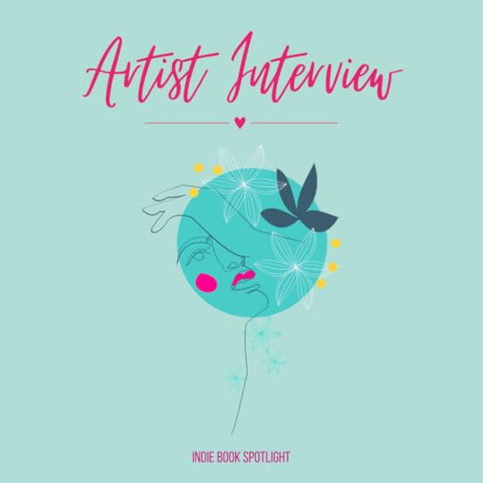 a banner that reads 'artist interview' and 'indie book spotlight', and has a graphic of a woman holding her face with flowers all around. the colours are neon. there's a line with a heart between the top words 'artist interview' and the graphic.