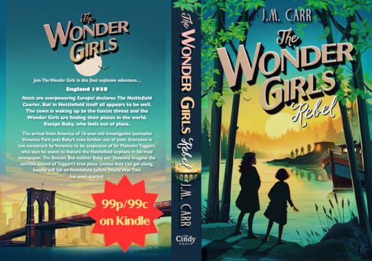 Front Cover of The Wonder Girls Rebel - 2 girls in the foreground looking across a stretch of water to an island, where some men appear to be unloading stuff from a boat into a shed on the island.