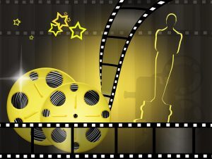 Sketch depicting a film reel, stars, and an Oscar statuette