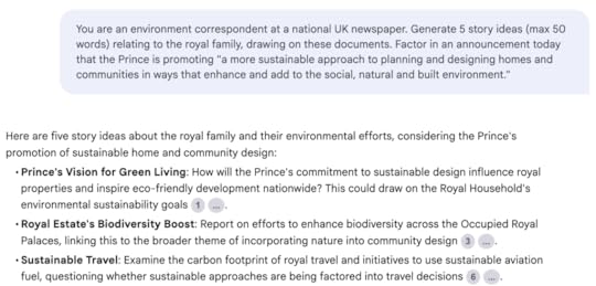 You are an environment correspondent at a national UK newspaper. Generate 5 story ideas (max 50 words) relating to the royal family, drawing on these documents. Factor in an announcement today that the Prince is promoting 