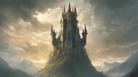 A tall, dark castle towers over a lush, green hill under a dramatic cloudy sky with soft sunlight breaking through. Moody and mysterious setting.