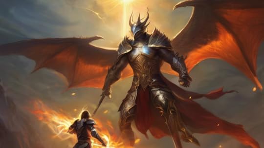 A massive armored figure with fiery wings towers over a smaller warrior with a glowing sword, set against a dramatic sky.