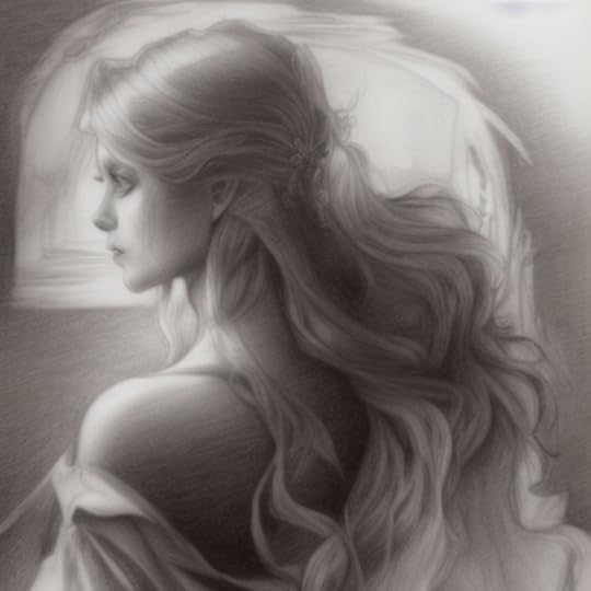 Pencil sketch of a woman with long flowing hair, gazing to the side. Soft light from a window in the background creates a serene mood.