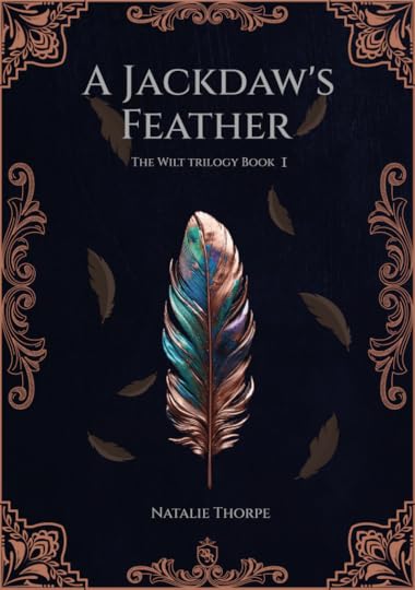 illustrated cover of A Jackdaw's feather, Book 1. It has some fancy scrollwork along the edges and a glossy, iridescent feather in the centre.