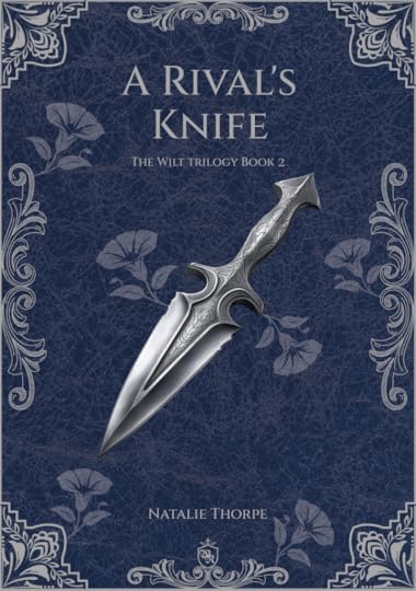 The cover of A Rival's Knife. Dark inky purple-black with flowers and scrollwork around the cover, a short dagger in the middle.