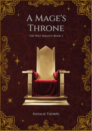Cover of A Mage's Throne (book 3). Plain black with gold scrollwork on the edges, and a gold throne with red seat in the middle.