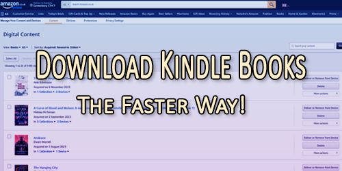 Amazon eBook library page with "Download Kindle Books - The Faster Way" over the top