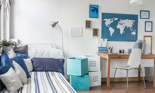Dorm room with blue and white accents