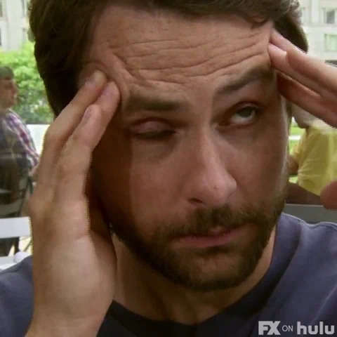 TV gif. Charlie on It's Always Sunny in Philadelphia closes his eyes as he rubs his temples before one eye pops open.