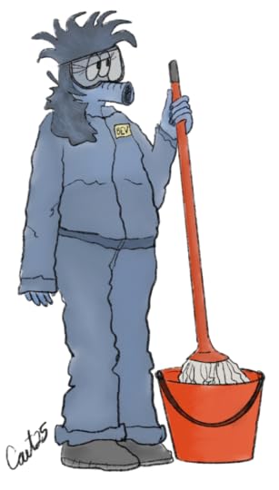 A cartoon character of a female alien with blue skin, dark blue hair, and a snout who is wearing goggles and blue coveralls. She’s holding a mop that’s in a bucket.
