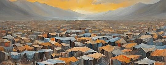 A vast refugee camp stretches across a valley, filled with countless makeshift tents in shades of orange, blue, and brown. The tents are densely packed and blend into the dusty, earth-toned landscape. In the background, mountains rise under a golden-hued sky, with a distant body of water reflecting the light