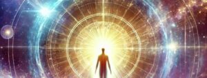 Human standing in transformational light of the universe representing The Revealing Stage of Earth's Transition