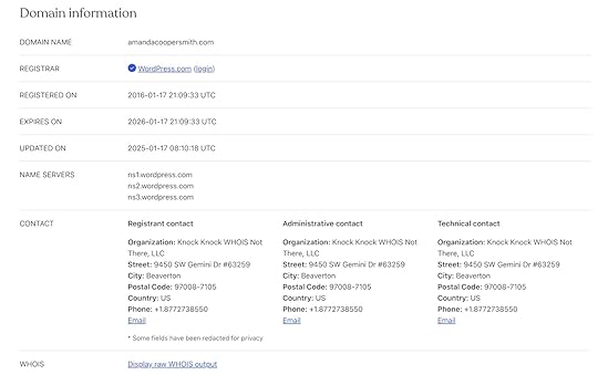A private WHOIS output showing a domain's name, organization name, street, city, postal code, and phone number
