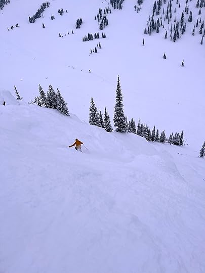 skier in chute at kicking horse mountain resort