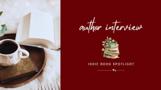 banner with a picture on one side of an open book on a bed beside a cup of black coffee on a tray; beside text that reads 'author interview' over a graphic of a stack of books with leaves wrapped around them, which is over text that reads 'indie book spotlight' which is over a line with two hearts in the middle
