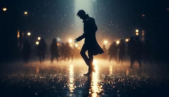 Man in a long coat dancing in a darkened, rainy street with a few streelights.