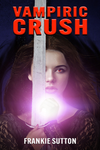 Vampiric Crush cover - a girl holding a sword with purple light glowing in her clenched fist