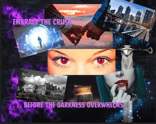 Vampiric crush moodboard, with a collage of modern, sci-fi and Gothic pictures representing the romance, the modern day US cities, the Gothic manor of the vampires, and the vampires themselves.