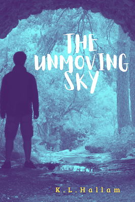 Blue cover of young adult looking out of a cave in the woods.