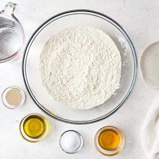 All of the ingredients needed for making focaccia bread base.