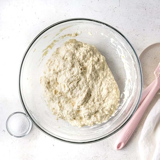 Focaccia dough resting in a large mixing bowl.